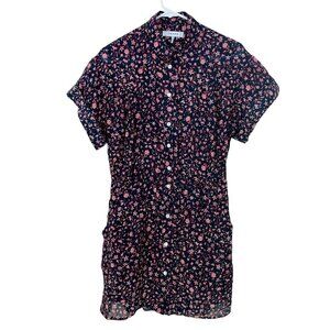 Frame XS Navy Floral Short Sleeve Button Down Mini Shirt‎ Dress w/Slip & Pockets